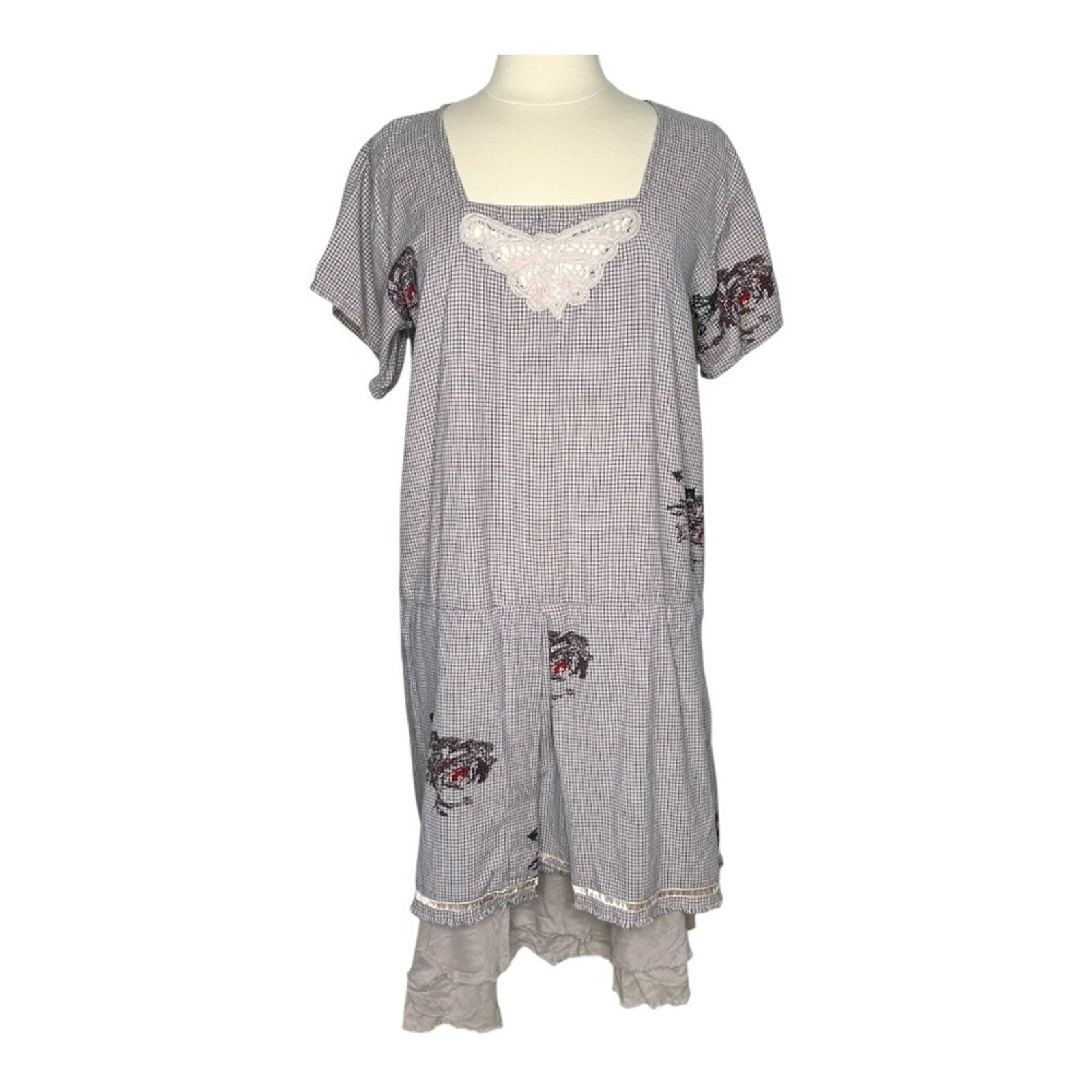 Ewa I Walla Blue Grey Check Relaxed Lagenlook Boheimian Avantgarde Dress Large